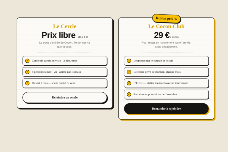 Pricing Carnet A — 2 plans (Cercle + Club)