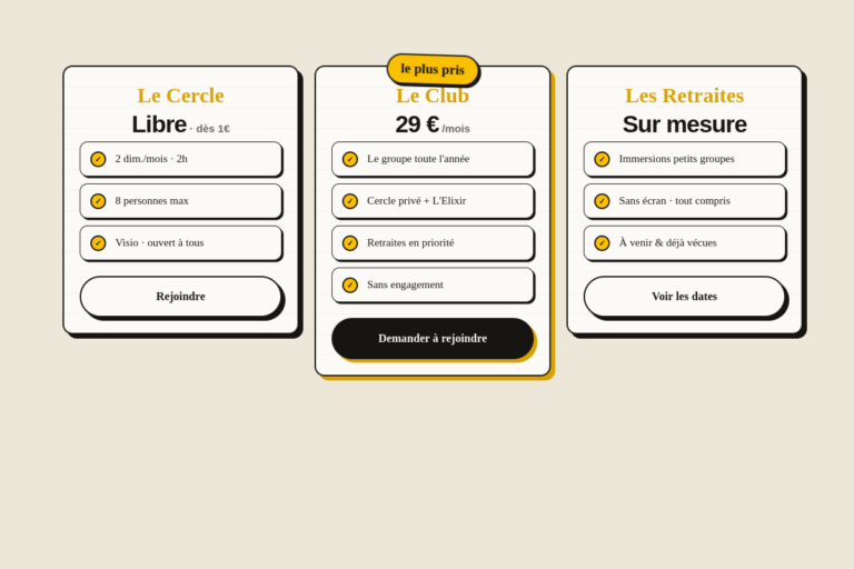 Pricing Carnet B — 3 colonnes (Cercle + Club + Retraites)